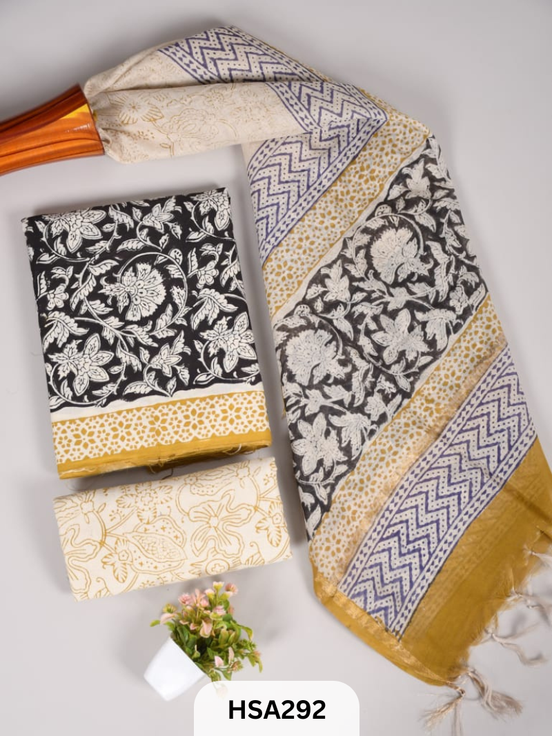 COTTON SUIT WITH CHANDERI DUPATTA HAND BLOCK PRINTED- 3PCS SET