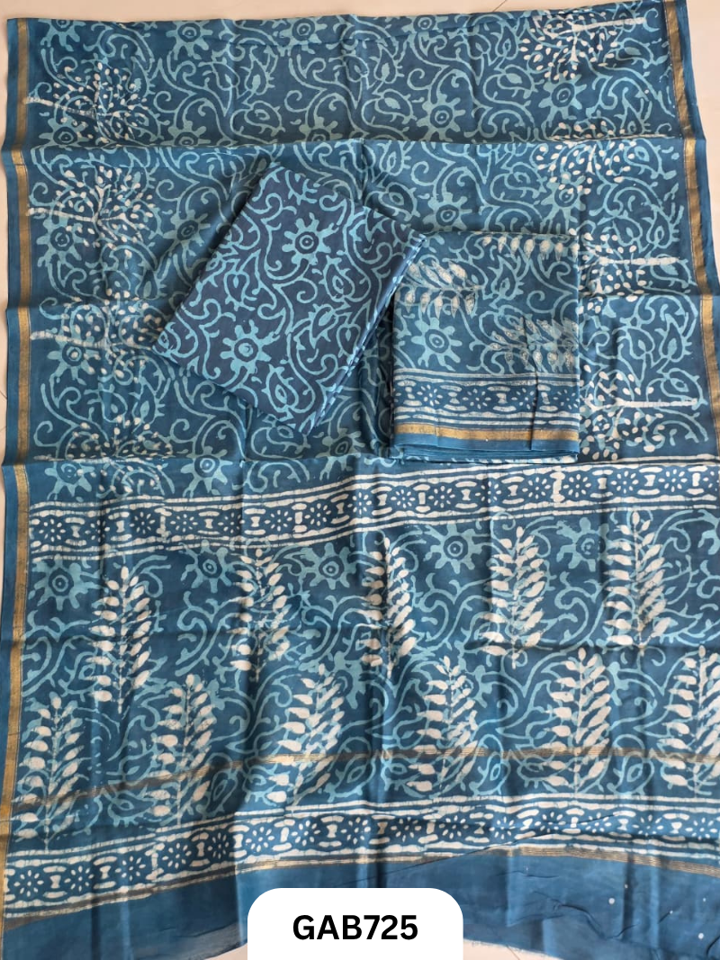 Hand Block Chanderi Silk Dress Materials Top 2.5 Mtrs Duptta 2.5 Mtrs