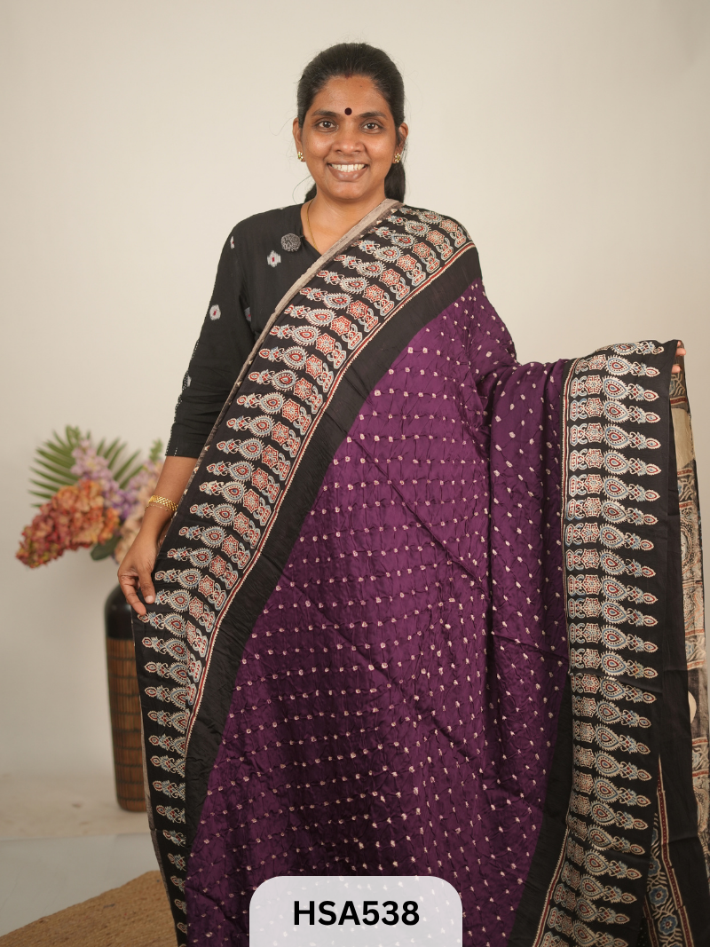 MODAL AJRAKH WITH BANDHINI SAREE