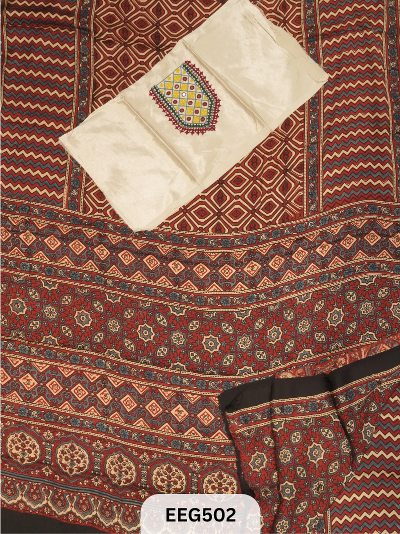 AJRAKH MODAL SAREE WITH KUTCHI HANDWORK BLOUSE PIECE EXTRA
