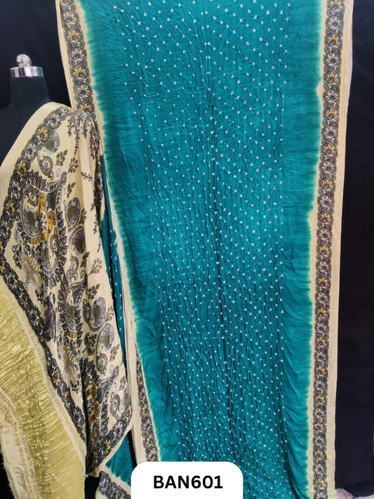 Semi Gaji ts kalamkari digital print pallu, blouse and border with bandhej saree