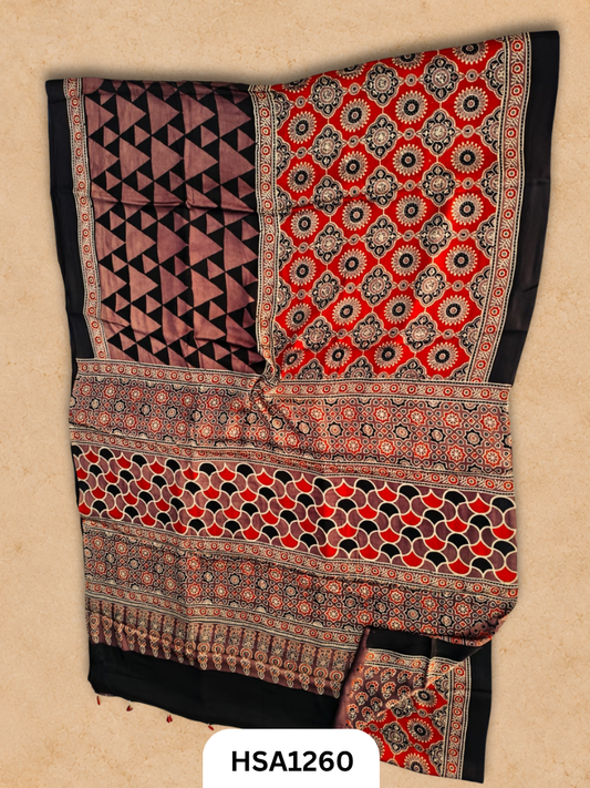 Natural Dye Vegetable Hand Block Print Ajrakh Print Pure Modal Silk Saree