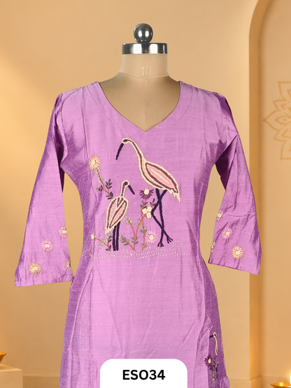 Slub Silk Dress With embroidery Bird hand work