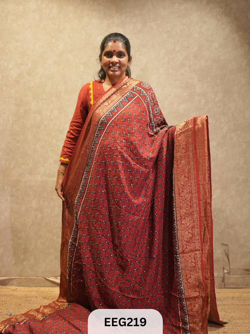 AJRAKH DOLA SILK SAREE WITH MIRROR WORK - IMMEDIATE DISPATCH