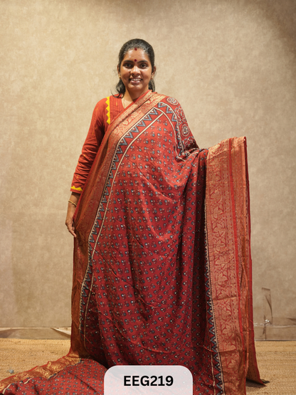 AJRAKH DOLA SILK SAREE WITH MIRROR WORK - IMMEDIATE DISPATCH