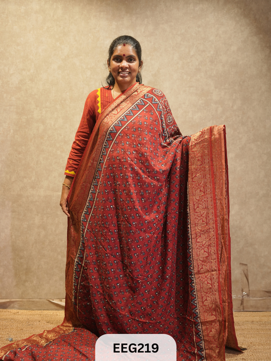 AJRAKH DOLA SILK SAREE WITH MIRROR WORK - IMMEDIATE DISPATCH