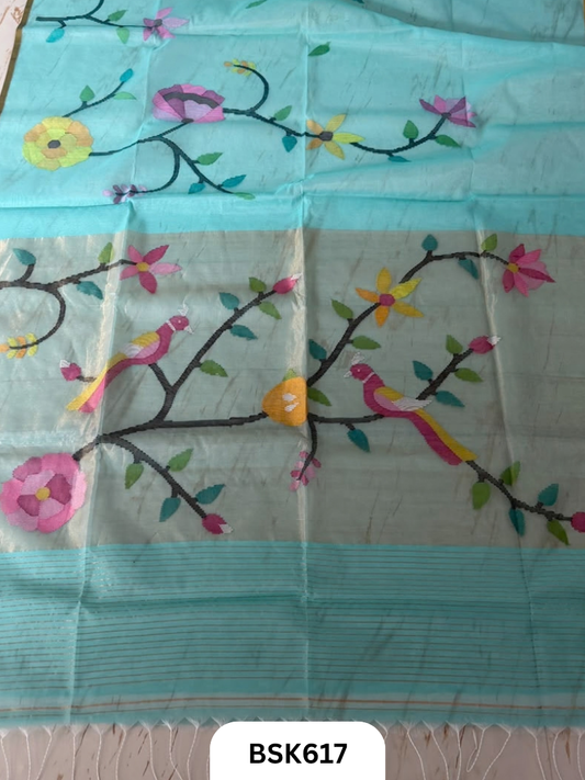 Handloom Pure Muslin Jamdhani With Hand Needle Work Saree