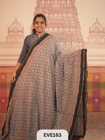 PURE CHANDERI SILK AJRAKH HANDBLOCK SAREE