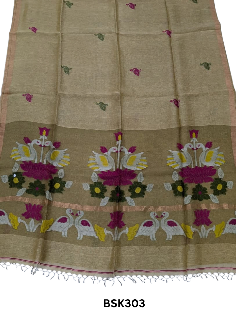 Handloom Pure Linen Silk Jamdhani Weave Saree