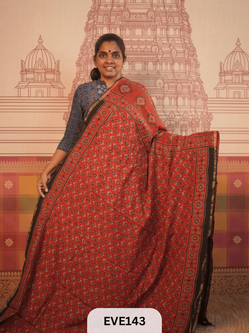 PURE CHANDERI SILK AJRAKH HANDBLOCK SAREE
