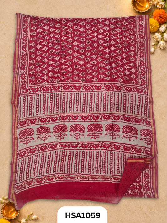 Pure Hand Block Printed Chanderi Silk Saree With Printed Blouse