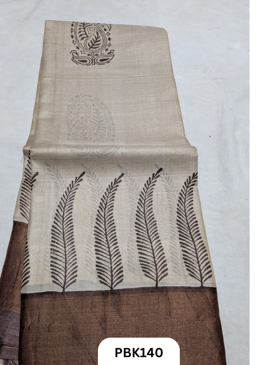 Premium Pure Tussar Silk Handblock Print Saree – Kolkata Special
