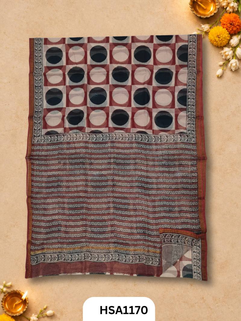 Hand Block Printed Kota Doriya Saree with Blouse