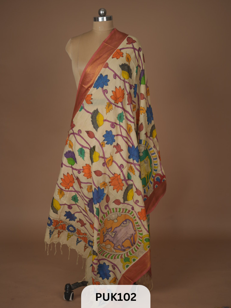 PURE PENKALAMKARI DUPPATTA - CHENNURI SILK