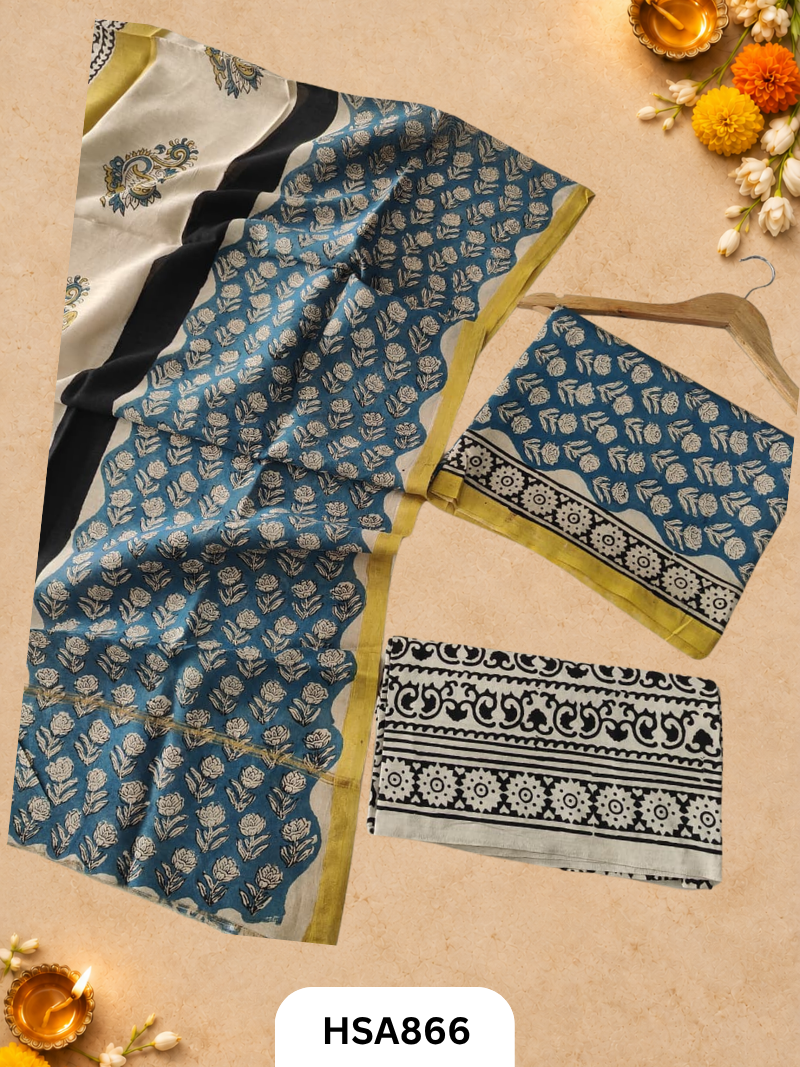 HandBlock Printed Chanderi Silk Cotton Suits -Top 2.5M Duptta 2.5M