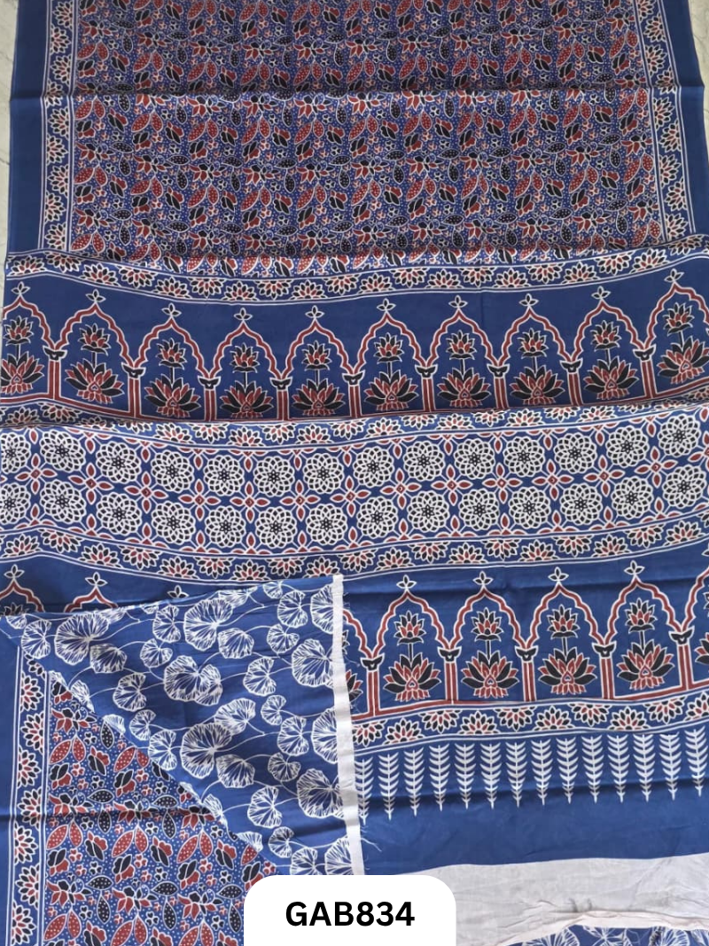Bagru Block Print Cotton Mulmul Sarees With Running Blouse