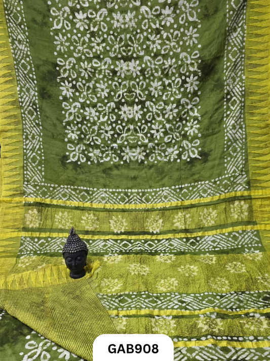 Temple Zari Border Hand Block Printed Katan Cotton Silk Saree With Running Blouse