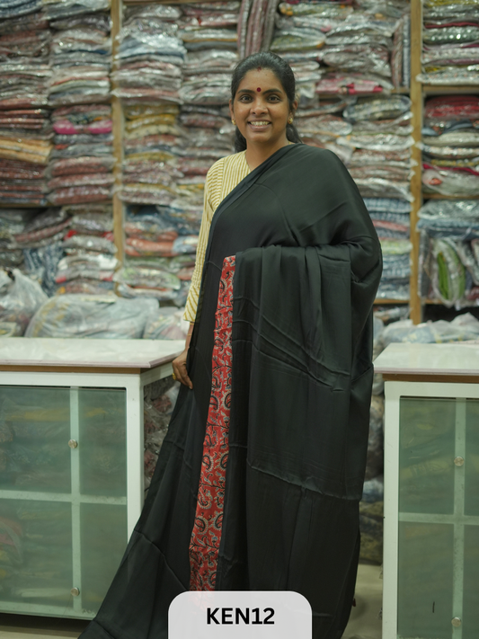 PLAIN MODAL SAREE WITH AJRAKH PRINT BLOUSE