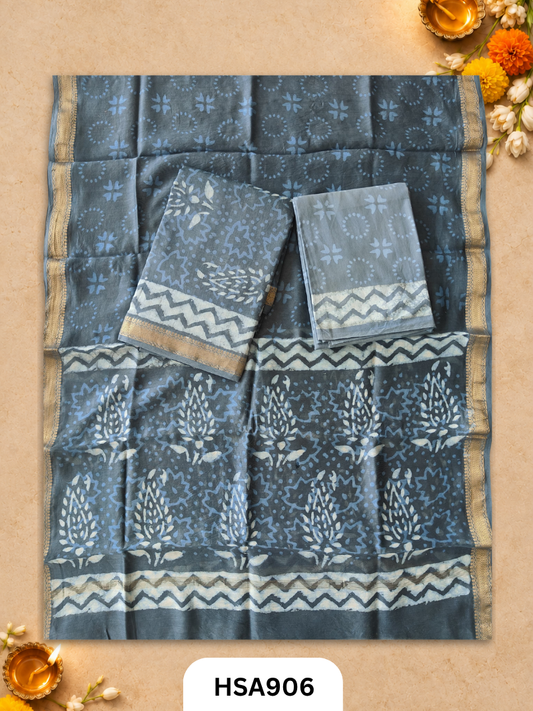 HandBlock Printed Maheshwari Silk Zari Border Top & dupttas 2.5 Mtrs | Bottom cotton 2.50 mtrs