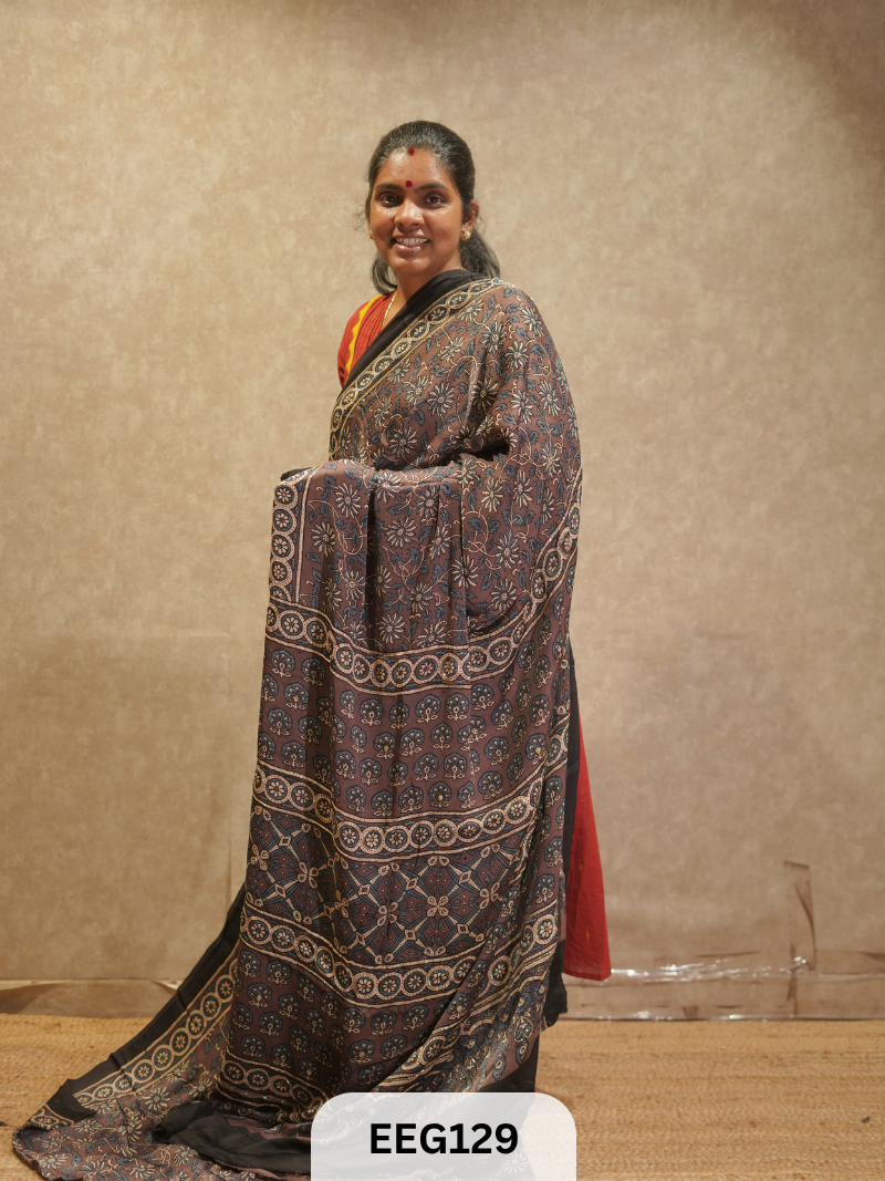 AJRAKH MODAL SAREE WITH KHATLI HANDWORK