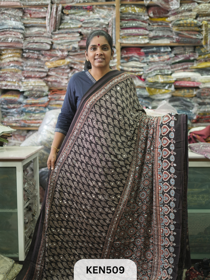 MODAL NATURAL AJRAKH HANDBLOCK SAREE WITH GLUE MIRROR