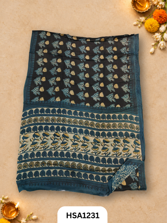 Hand Block Print Ajarkh Vanaspati Modal Silk Saree with blouse