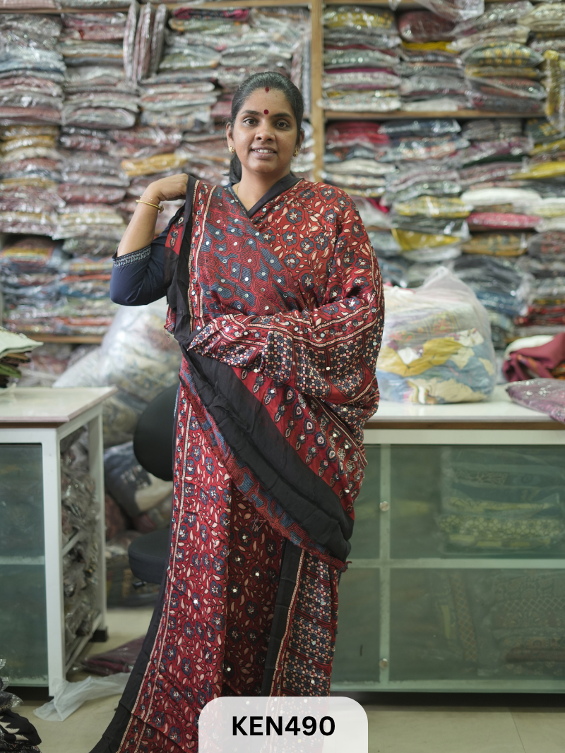MODAL NATURAL AJRAKH HANDBLOCK SAREE WITH GLUE MIRROR