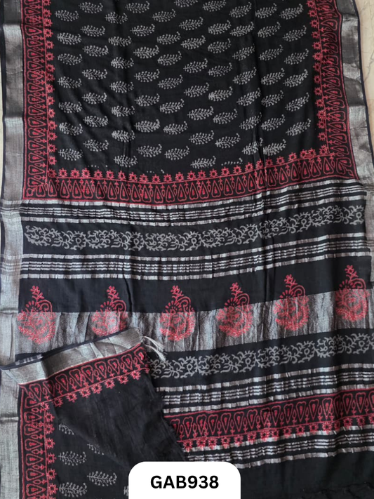 Bagru Handblock Print Linen Saree With Attached Blouse