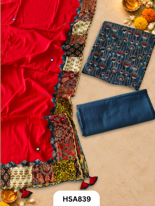 Ajrahk Print With Patch Work And Mirror Work Dupatta