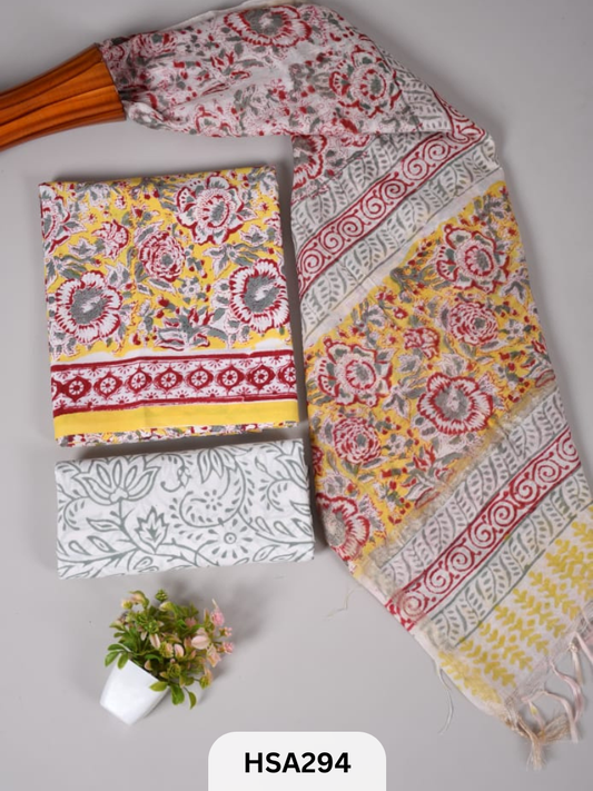 COTTON SUIT WITH CHANDERI DUPATTA HAND BLOCK PRINTED- 3PCS SET