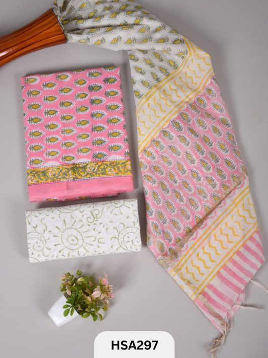 COTTON SUIT WITH CHANDERI DUPATTA HAND BLOCK PRINTED- 3PCS SET