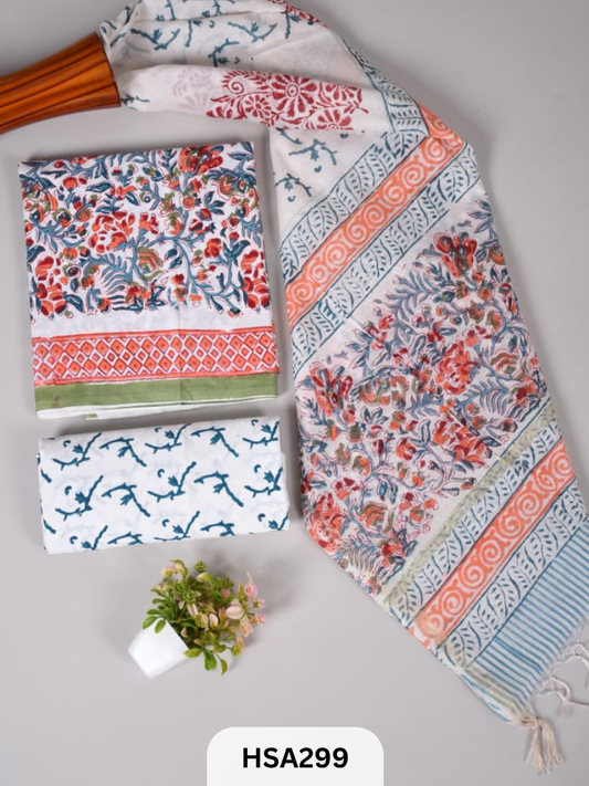 COTTON SUIT WITH CHANDERI DUPATTA HAND BLOCK PRINTED- 3PCS SET
