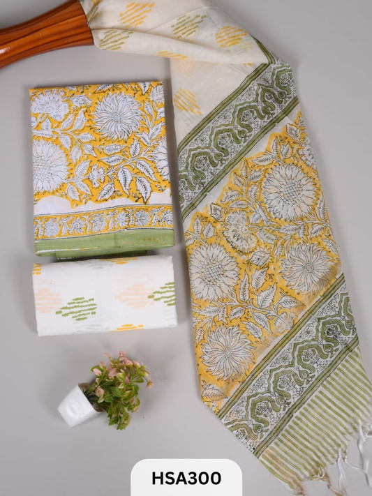 COTTON SUIT WITH CHANDERI DUPATTA HAND BLOCK PRINTED- 3PCS SET