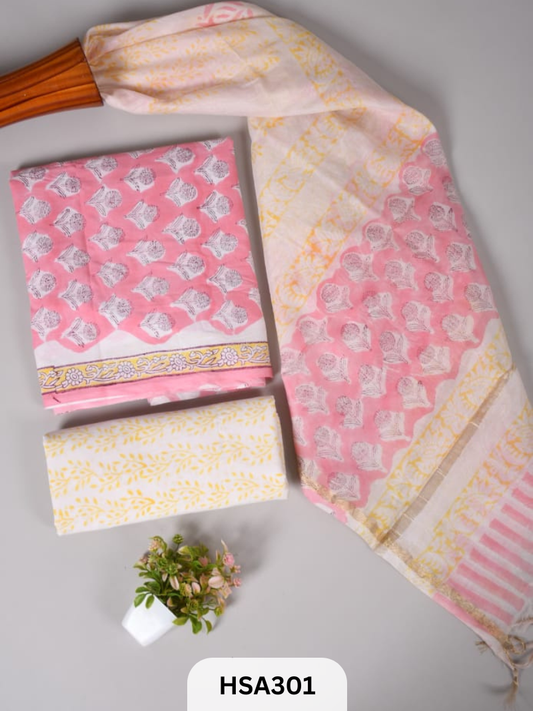COTTON SUIT WITH CHANDERI DUPATTA HAND BLOCK PRINTED- 3PCS SET