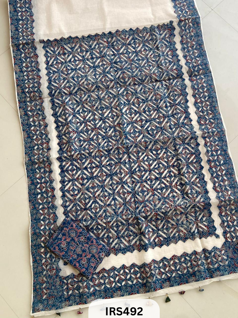 PURE KOTA DORIYA SAREE WITH HAND APPLIQUE AJRAKH PRINT WORK BLOUSE