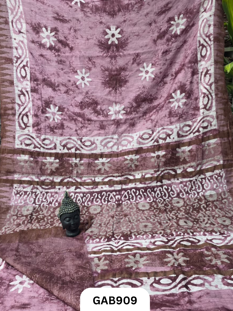 Temple Zari Border Hand Block Printed Katan Cotton Silk Saree With Running Blouse