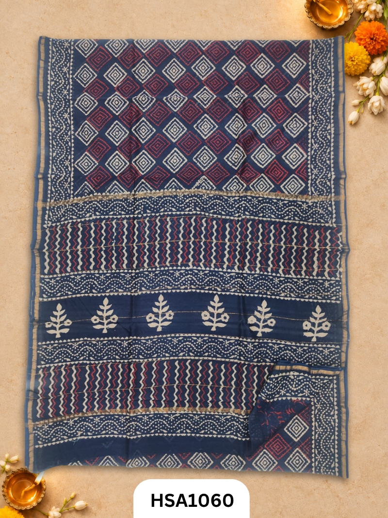 Pure Hand Block Printed Chanderi Silk Saree With Printed Blouse