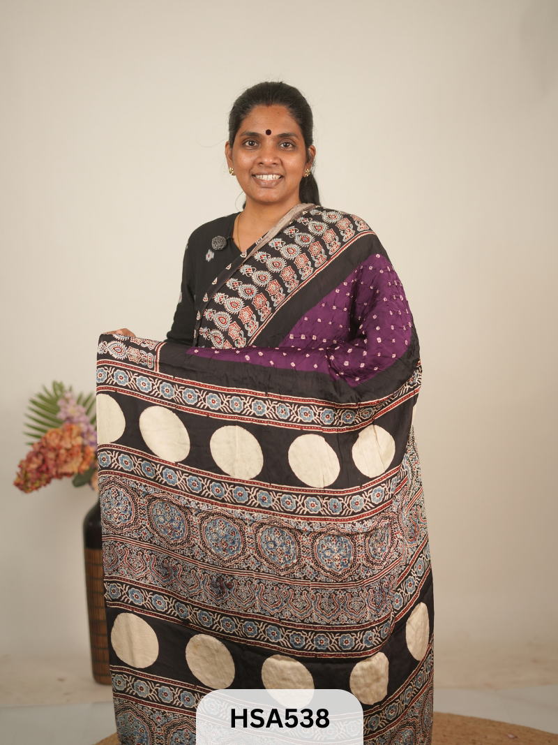 MODAL AJRAKH WITH BANDHINI SAREE