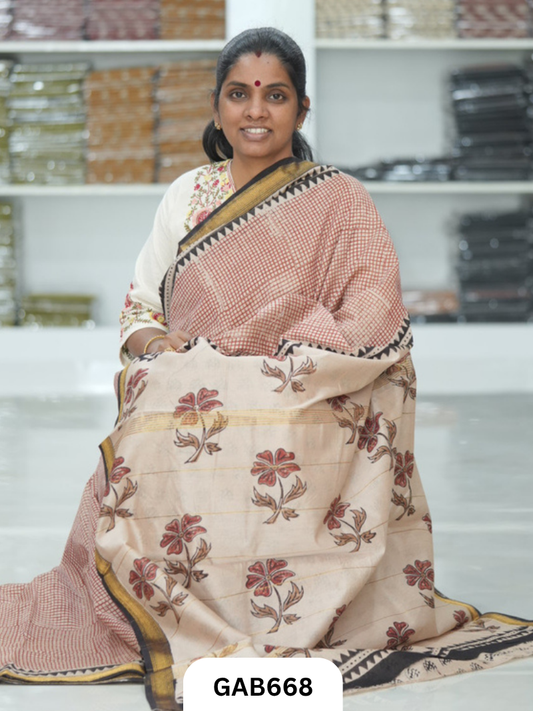Hand Block Printed Maheshwari Silk Saree