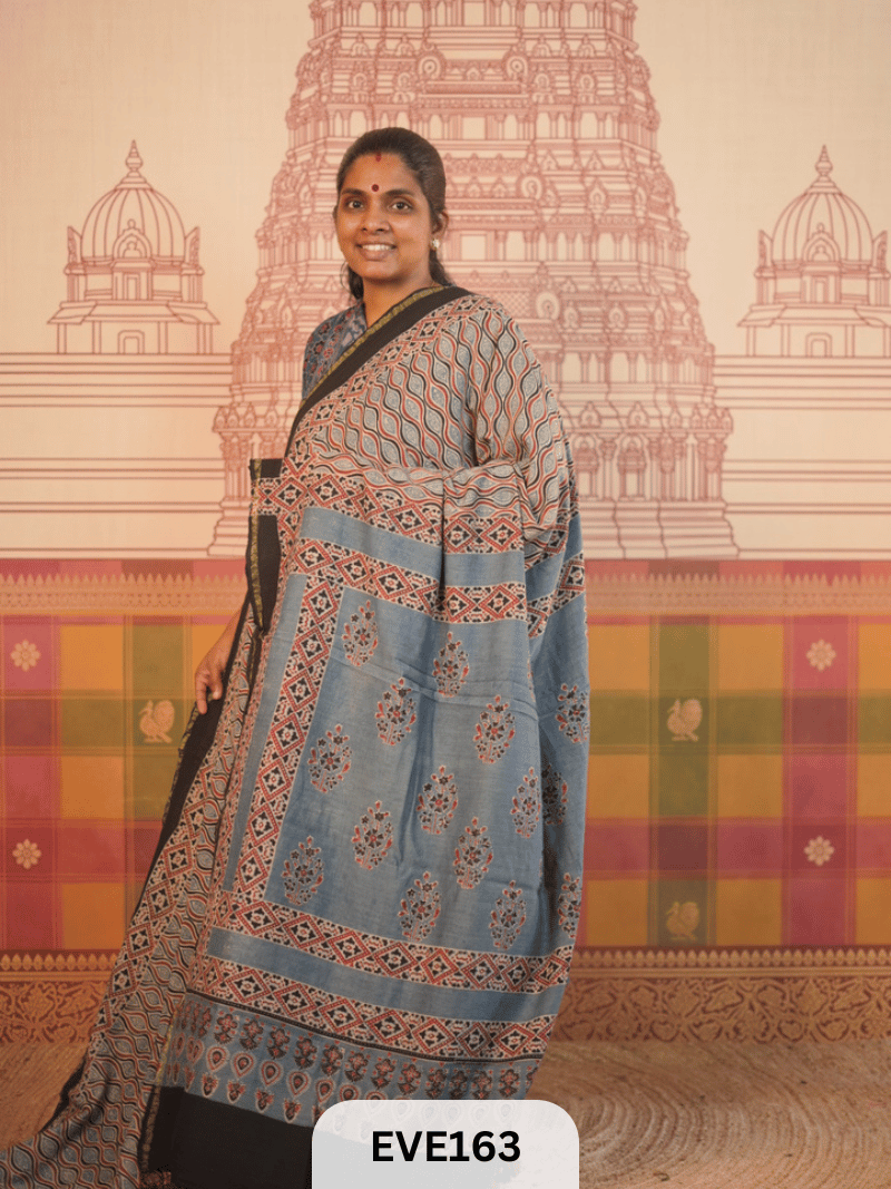 PURE CHANDERI SILK AJRAKH HANDBLOCK SAREE