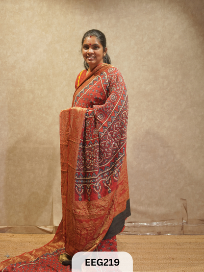 AJRAKH DOLA SILK SAREE WITH MIRROR WORK - IMMEDIATE DISPATCH