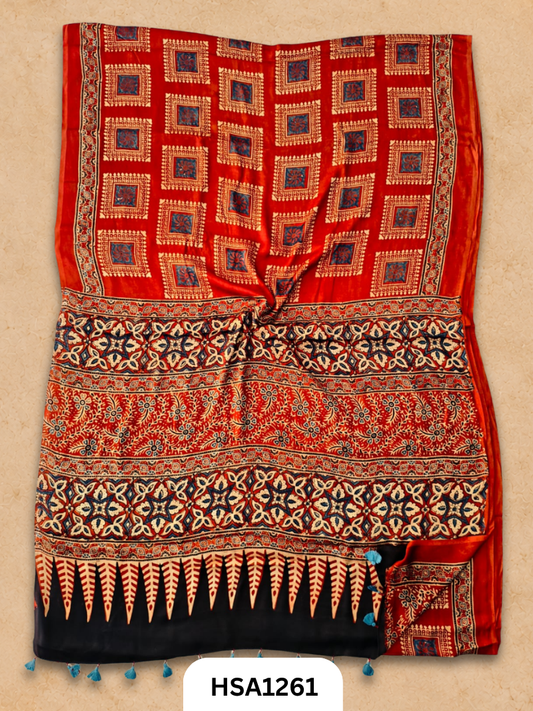 Natural Dye Vegetable Hand Block Print Ajrakh Print Pure Modal Silk Saree