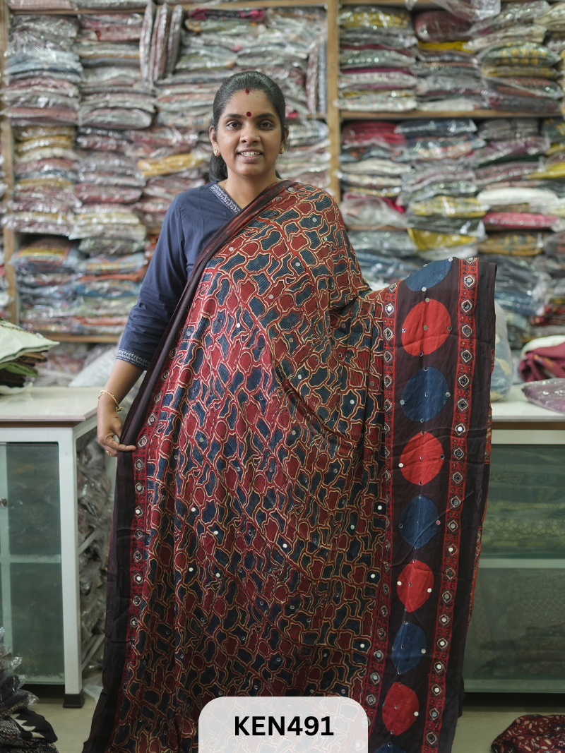 MODAL NATURAL AJRAKH HANDBLOCK SAREE WITH GLUE MIRROR