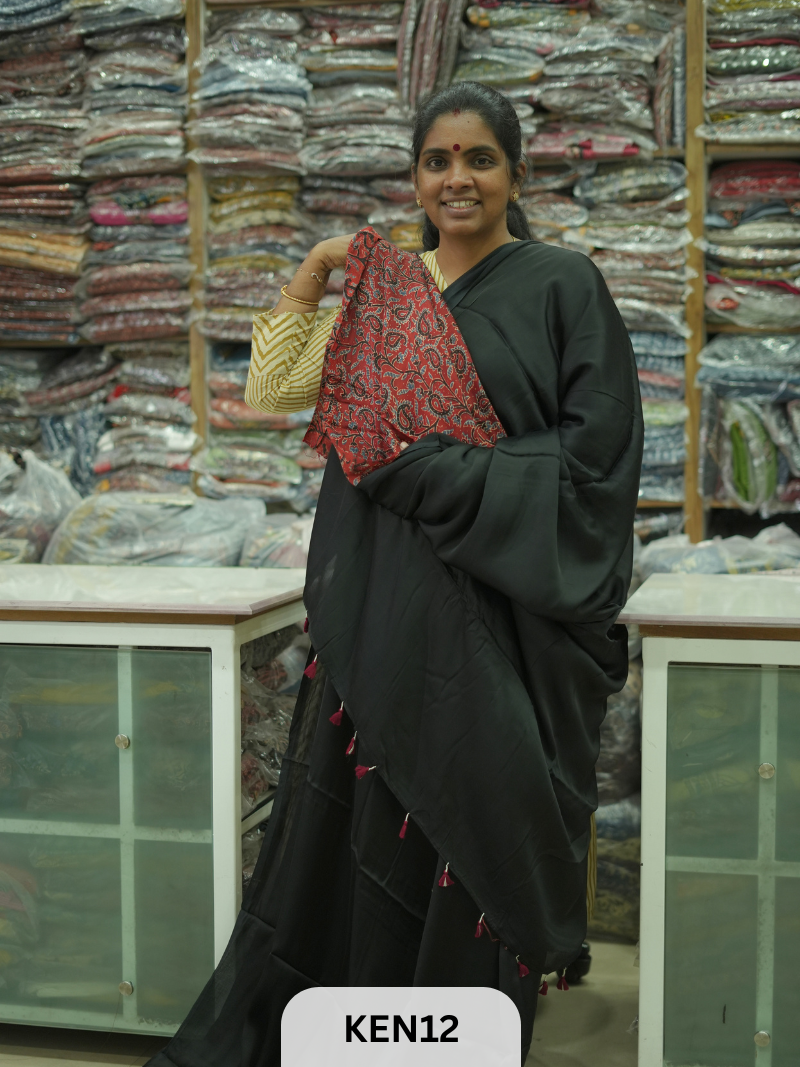 PLAIN MODAL SAREE WITH AJRAKH PRINT BLOUSE