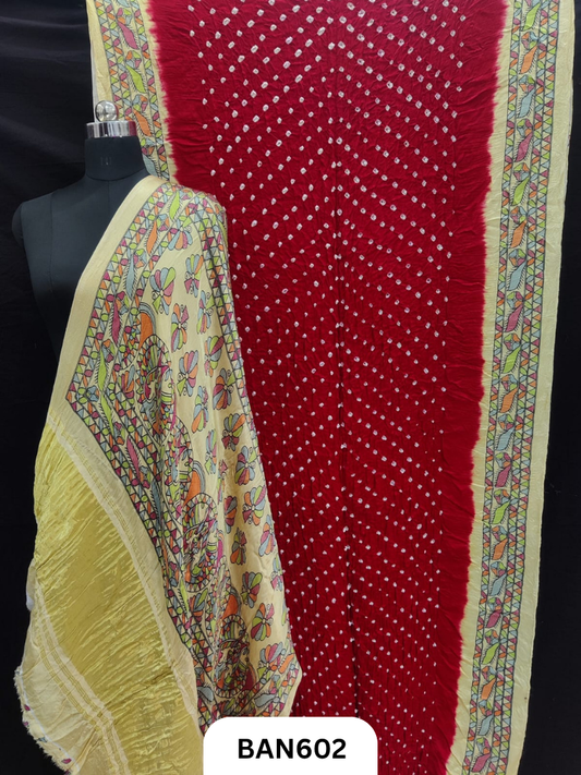 Semi Gaji ts kalamkari digital print pallu, blouse and border with bandhej saree