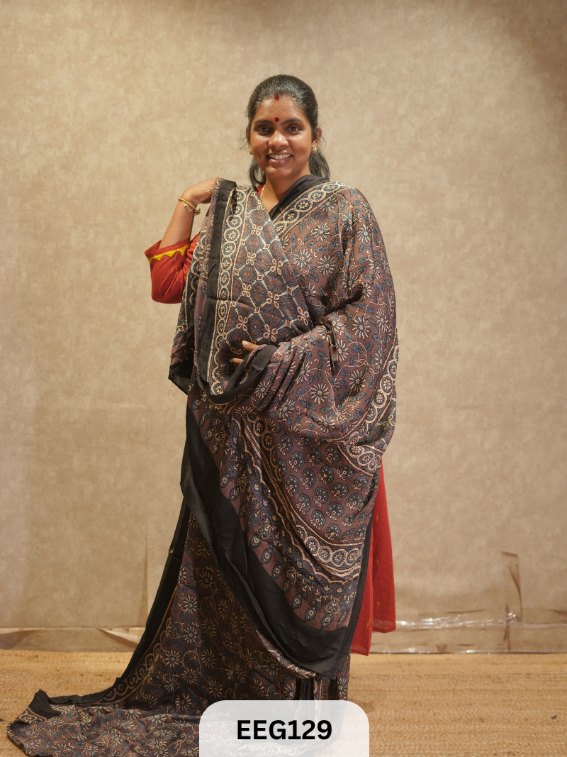 AJRAKH MODAL SAREE WITH KHATLI HANDWORK