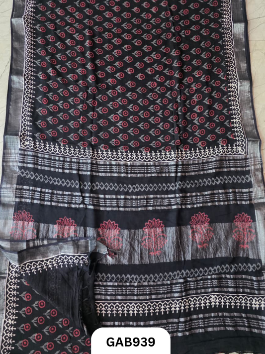 Bagru Handblock Print Linen Saree With Attached Blouse