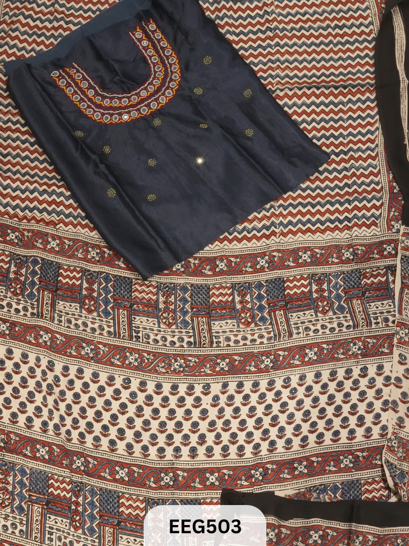 AJRAKH MODAL SAREE WITH KUTCHI HANDWORK BLOUSE PIECE EXTRA