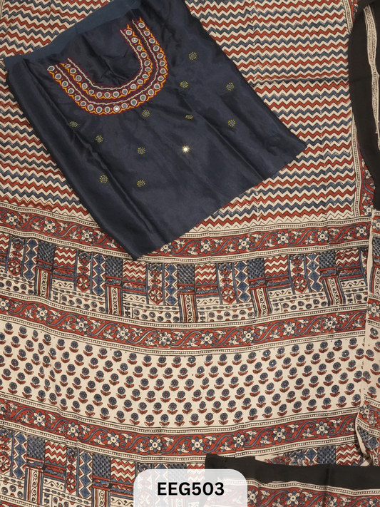 AJRAKH MODAL SAREE WITH KUTCHI HANDWORK BLOUSE PIECE EXTRA