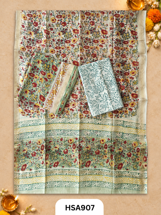 HandBlock Printed Maheshwari Silk Zari Border Top & dupttas 2.5 Mtrs | Bottom cotton 2.50 mtrs